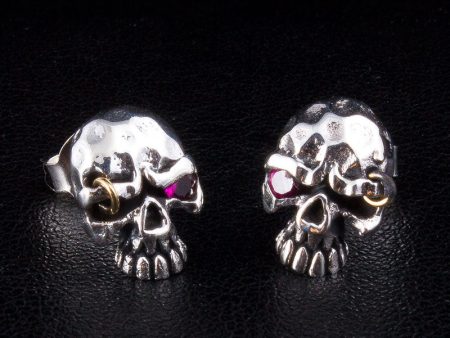 Red Eye Punk Skull Sterling Silver Stud Earrings For Sale