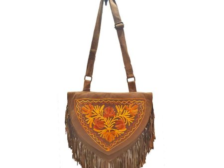 Kashida Embroidery of Bihar Suede Purse with Fringe Tassel Shoulder Discount