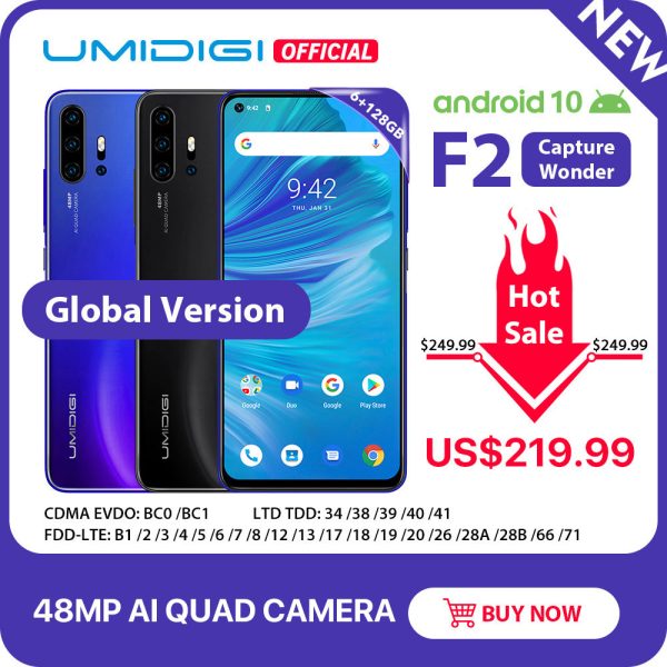 IN STOCK UMIDIGI F2 Android 10 Global Version 6.53 FHD+6GB 128GB 48MP AI Quad Camera 32MP Selfie Helio P70 Cellphone 5150mAh NFC Online Hot Sale