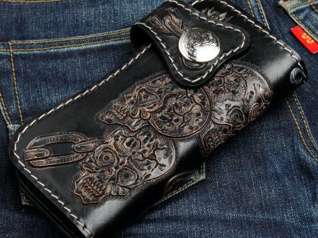 Black Genuine Leather Chain Skull Biker Wallet For Sale