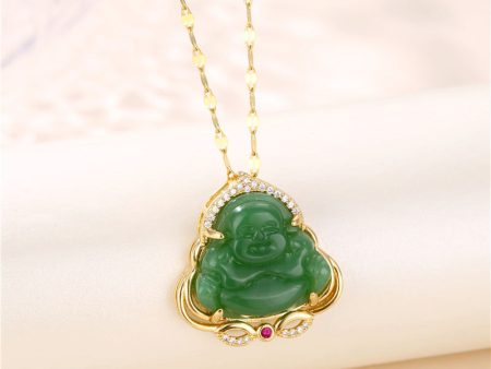 18k Gold-Plated Green Jade Buddha Necklace with Adjustable Stainless Steel Chain – Elegant Spiritual Jewelry by Ancient Infusions Hot on Sale