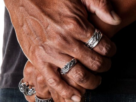 Tribal Carved Sterling Silver Band Mens Ring on Sale