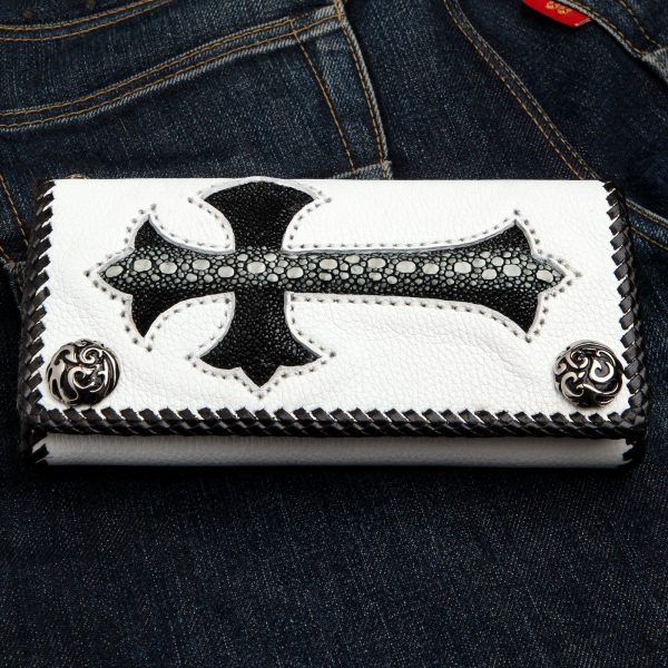 Stingray Cross Carved White Leather Biker Wallet Online Hot Sale