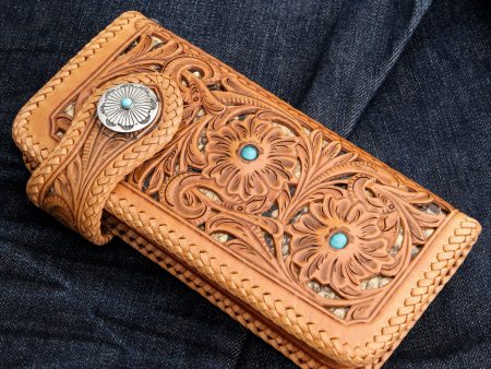 Indian Floral Carved Light Brown Genuine Leather Biker Wallet Sale