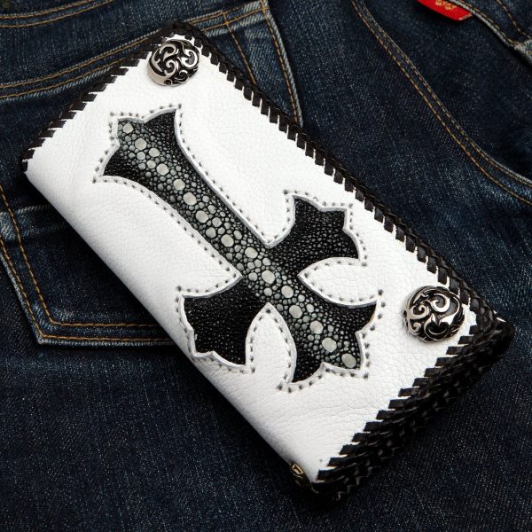 Stingray Cross Carved White Leather Biker Wallet Online Hot Sale