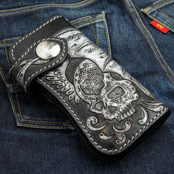 Tribal Skull Carved Genuine Leather Biker Wallet on Sale