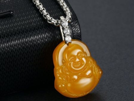 Yellow Jade Laughing Buddha Necklace with Cuban Zircons and Stainless Steel Chain – Elegant Spiritual Jewelry by Ancient Infusions Online now