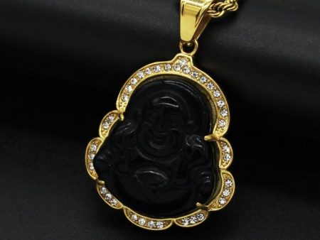 18k Gold-Plated Black Maitreya Jade Laughing Buddha Necklace with Adjustable Chain – Spiritual Pendant for Men & Women For Sale