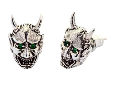 Green Eyes Japanese Oni Mask Sterling Silver Skull Earrings Sale