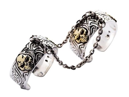 Chained Double Skull Sterling Silver Gothic Punk Ring Cheap