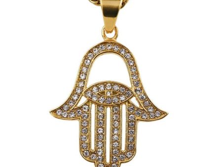 18k Gold Hamsa Pendant with Evil Eye and Cuban Zircons – Protective Stainless Steel Necklace by Ancient Infusions Discount