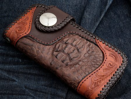 Floral Tribal Brown Crocodile Leather Large Biker Wallet For Discount