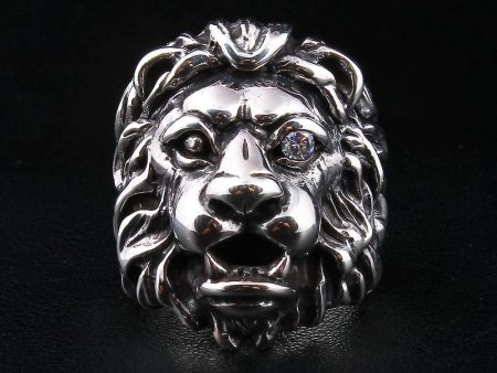 925 Sterling Silver Diamond Eye Lion Head Ring Hot on Sale