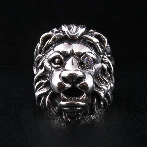 925 Sterling Silver Diamond Eye Lion Head Ring Hot on Sale