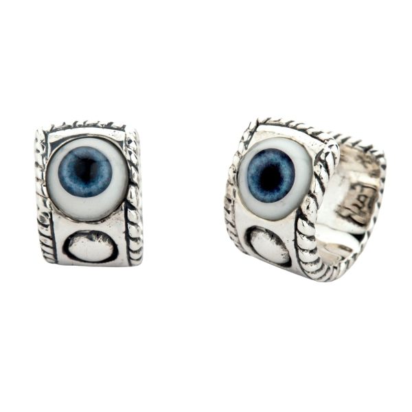 Evil Eye Eyeball Sterling Silver Hoop Ear Cuff Earrings on Sale