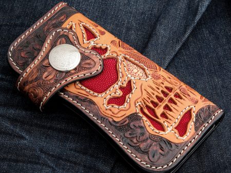 Skull Handcrafted Genuine Red Stingray Leather Biker Wallet Online now