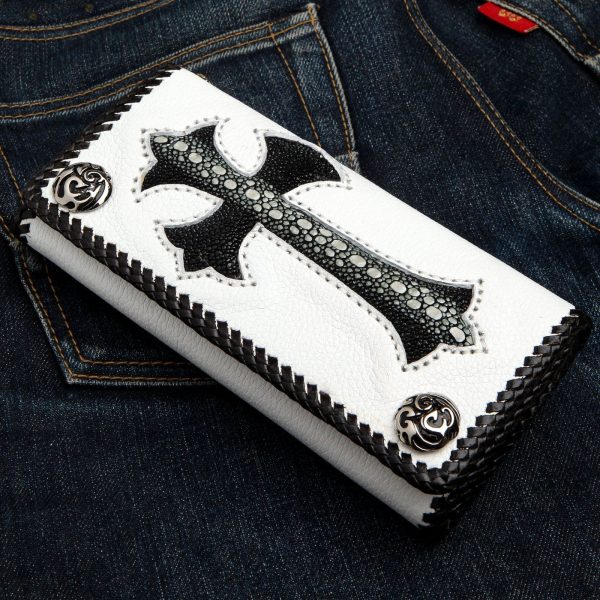 Stingray Cross Carved White Leather Biker Wallet Online Hot Sale