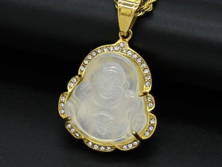 18k Gold-Plated White Maitreya Jade Laughing Buddha Necklace with Adjustable Chain – Spiritual Pendant for Men & Women For Sale