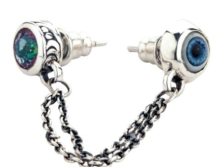 Sterling Silver Double Chain Linked Punk Style Evil Eye Piercing Stud Earring Online