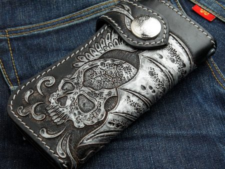 Tribal Skull Carved Genuine Leather Biker Wallet on Sale