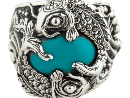 Turquoise Japanese Koi Fish Sterling Silver Men s Ring For Sale