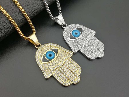 18k Gold-Plated Hamsa with Evil Eye Necklace Featuring Cuban Zircons and Stainless Steel Chain – Spiritual Protective Jewelry by Ancient Infusions For Sale