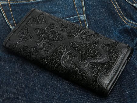 Tribal Cross Black Genuine Stingray Leather Trifold Biker Wallet Hot on Sale