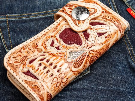 Genuine Light Brown Leather Skull Tattoo Biker Wallet Discount