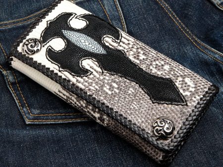 Black Stingray Cross Lizard Skin Leather Long Biker Wallet Online now